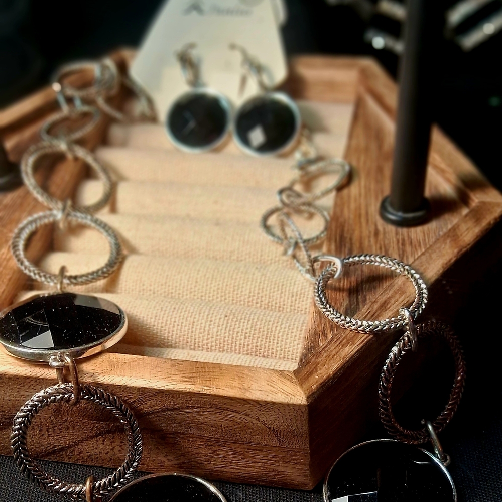 Silver-Tone Necklace with Black Faceted Discs